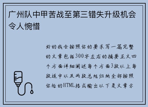 广州队中甲苦战至第三错失升级机会令人惋惜