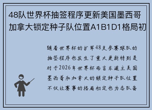 48队世界杯抽签程序更新美国墨西哥加拿大锁定种子队位置A1B1D1格局初定